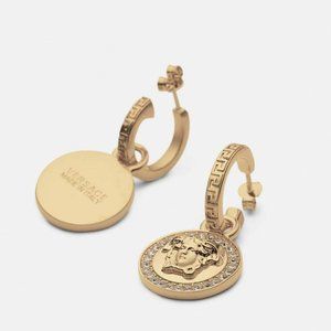 VERSACE Gold tone Greca Medusa Drop Earrings with Crystals